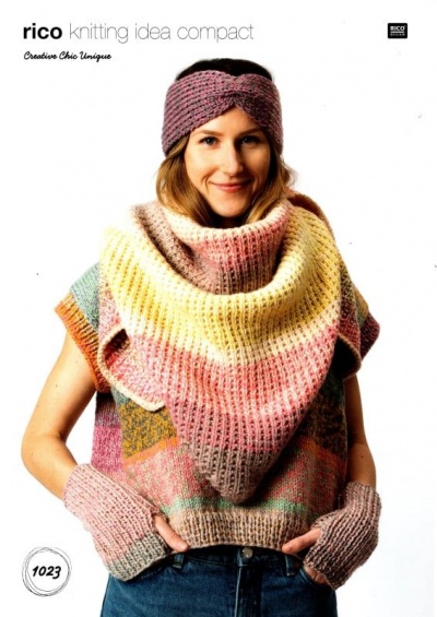 Knitting Pattern - Rico 1023 - Chic Unique - Ladies Triangular Shawl, Headband, Wrist Warmers